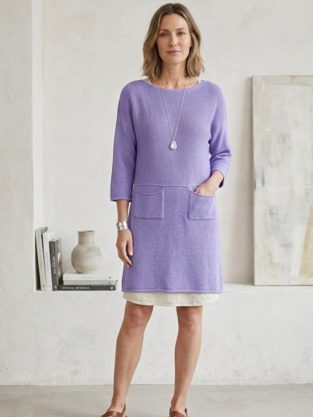 PURE HANDKNIT Purple Cotton Sweater Dress Pockets Sz M/L Spring Lagenlook Artsy